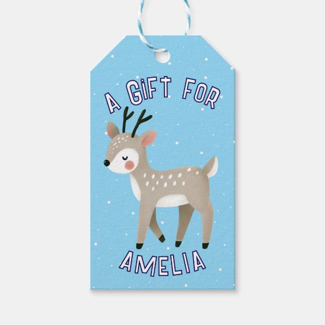 Étiquettes-cadeau Cute Reindeer Snowflakes Kid`s Name Christmas  (Devant)