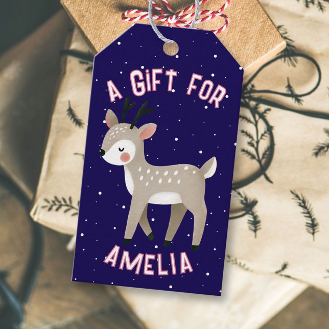 Étiquettes-cadeau Cute Reindeer Snowflakes Kid`s Name Christmas  (Créateur téléchargé)