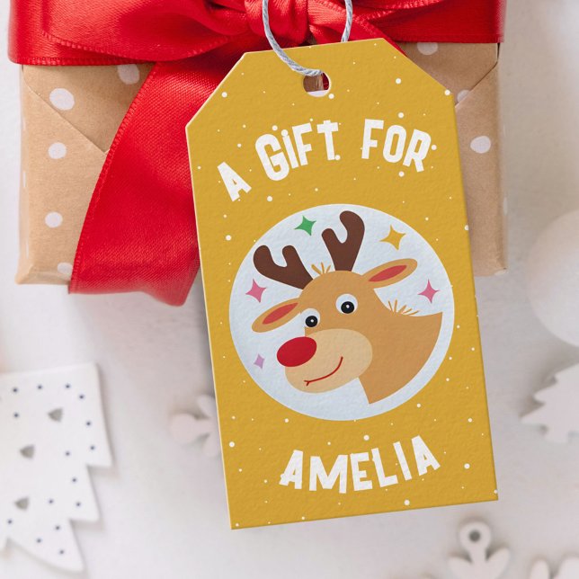 Étiquettes-cadeau Cute Reindeer Snowflakes Kid`s Name Christmas  (Créateur téléchargé)
