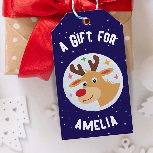 Étiquettes-cadeau Cute Reindeer Snowflakes Kid`s Name Christmas  (Créateur téléchargé)