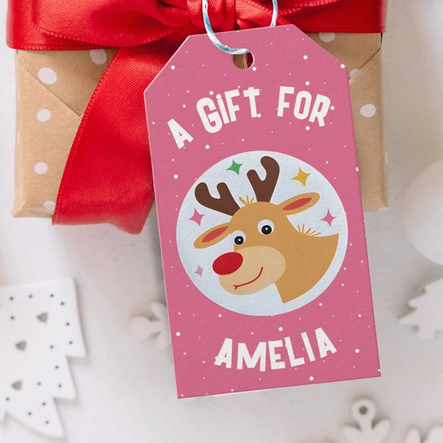 Étiquettes-cadeau Cute Reindeer Snowflakes Kid`s Name Christmas  (Créateur téléchargé)