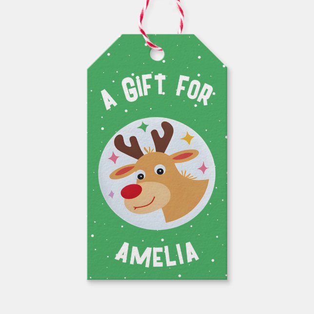 Étiquettes-cadeau Cute Reindeer Snowflakes Kid`s Name Christmas  (Devant)