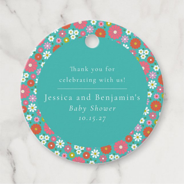 Étiquettes Cadeau Cute Retro 60s Flower Turquoise Baby shower person (Devant)
