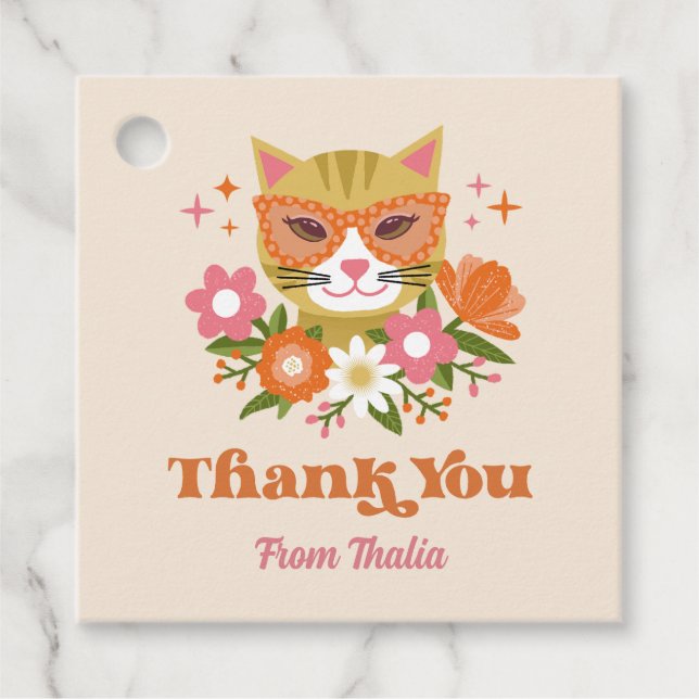 Étiquettes Cadeau Cute Retro Floral Fille Chat Fête Anniversaire Fav (Devant)