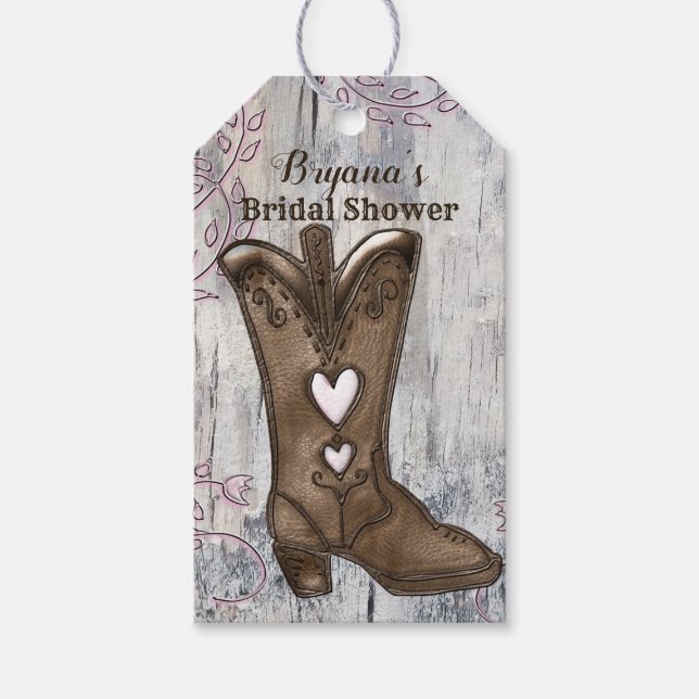 Étiquettes-cadeau Cute Rustic Coeur Rose Cowgirl Boots Fête des mari (Devant)
