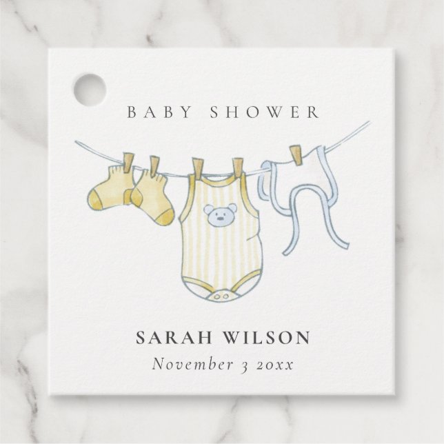 Étiquettes Cadeau Cute Simple Bébé Clothesline Baby shower Jaune (Devant)