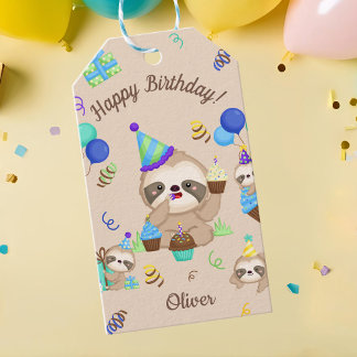 Étiquettes-cadeau Cute Sloth Birthday Party Blue Balloons & Cupcakes