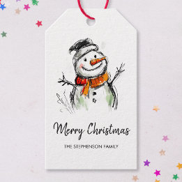 Étiquettes-cadeau Cute Snowman Hand Drawn Sketch Merry Christmas