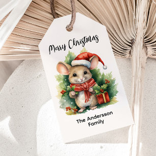 Étiquettes-cadeau Cute Souris Rouge Santa Chapeau Noël Nom de Noël