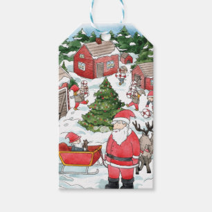 Étiquettes-cadeau Cute suédoise Tomten Christmas Village Aquarelle