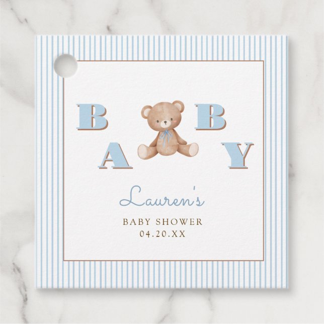 Étiquettes Cadeau Cute Teddy Ours Bleu Bébé Garçon Douche (Devant)