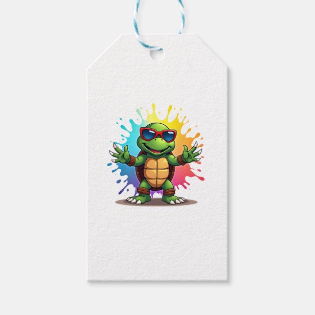 Étiquettes-cadeau Cute Turtle Wearing Sunglasses Paint Splash Sea An (Devant)