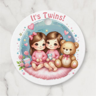 Étiquettes Cadeau Cute Twin Baby shower fille de l'aquarelle Teddy O
