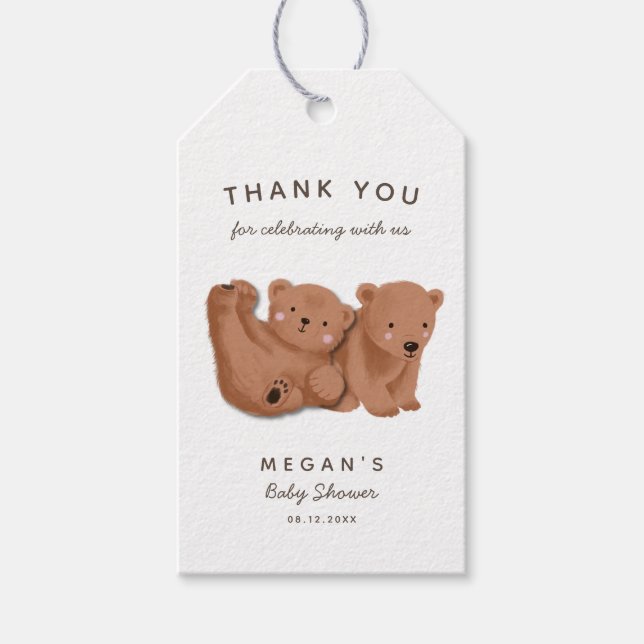 Étiquettes-cadeau Cute Twin Bears Thème Baby shower Merci (Devant)
