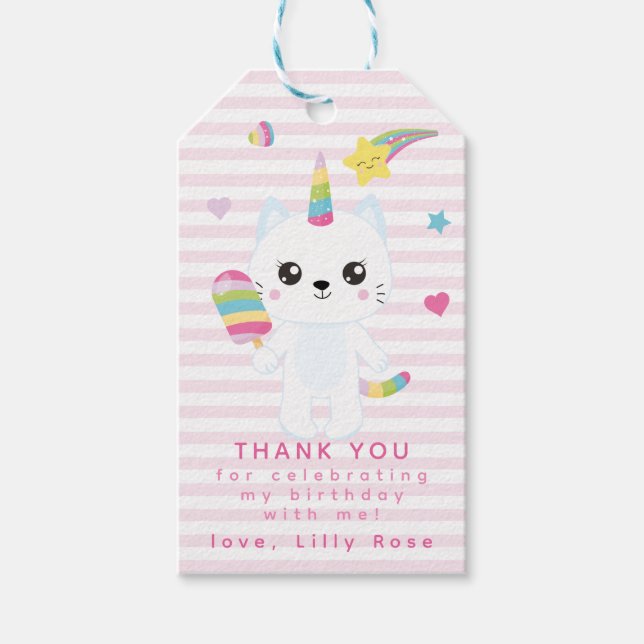 Étiquettes-cadeau Cute Unicorn Chat - Merci d'anniversaire pour enfa (Devant)