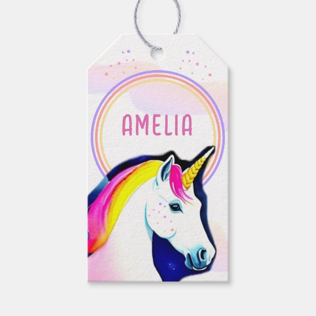 Étiquettes-cadeau Cute Unicorn Magical Stars Fille Nom Anniversaire (Devant)