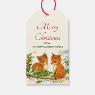 Étiquettes-cadeau Cute Vintage Foxes Retro Christmas Scene