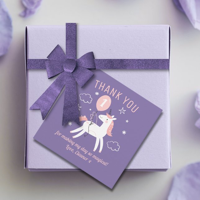 Étiquettes Cadeau Cute violet et rose licorne Merci d'anniversaire (Créateur téléchargé)