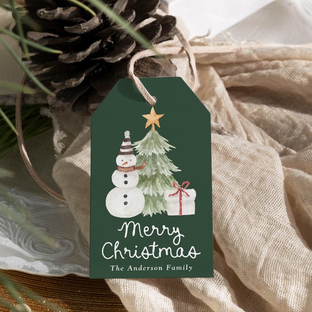 Étiquettes-cadeau Cute Watercolor Illustrations Green Christmas (Créateur téléchargé)