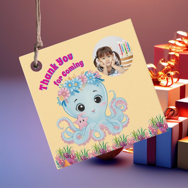 Étiquettes Cadeau Cute Whimsical Floral Octopus Girl Photo Anniversa (Créateur téléchargé)