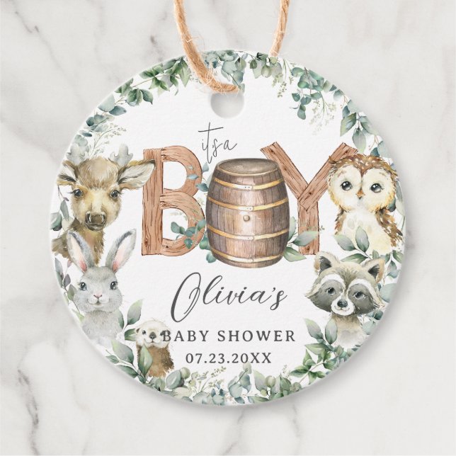 Étiquettes Cadeau Cute Woodland Animaux Végétation Boy Baby shower (Devant)