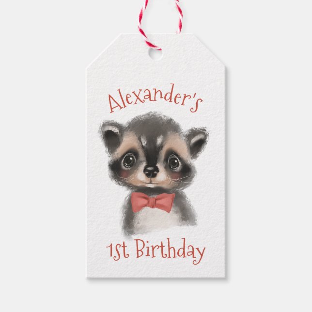 Étiquettes-cadeau Cute Woodland Raccoon 1er anniversaire (Devant)