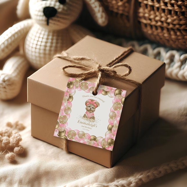 Étiquettes Cadeau Cute Yorkie Deux mignonnes Balloon fête d'annivers (Créateur téléchargé)