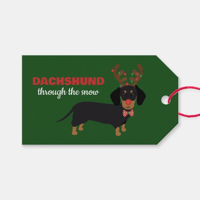 Étiquettes-cadeau Dachshund À travers la neige mignonne Doxie Reinde (Devant (Horizontal))