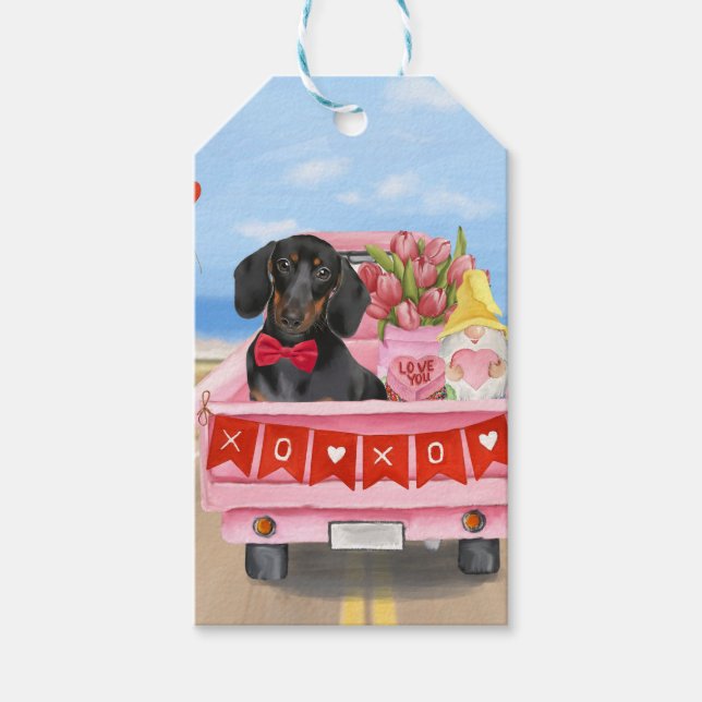 Étiquettes-cadeau Dachshund Chien Saint-Valentin Coeurs de Camion (Devant)