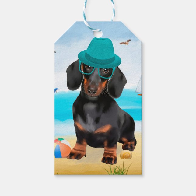 Étiquettes-cadeau Dachshund Dog sur la plage (Devant)