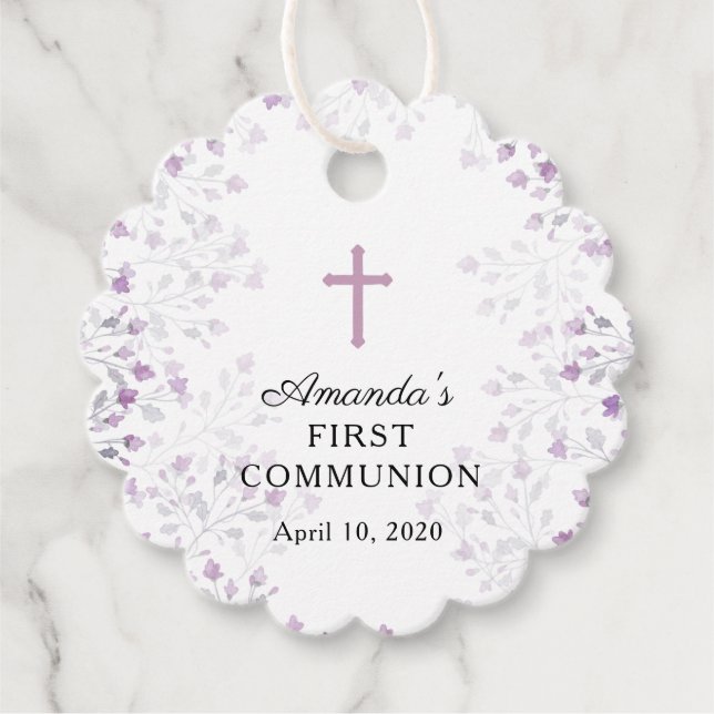 Étiquettes Cadeau Dainty Purple Floral Première Sainte Communion (Devant)