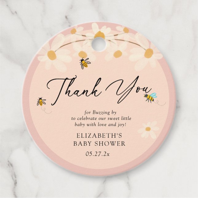 Étiquettes Cadeau Daisy Bees rose Baby shower Floral Merci (Devant)