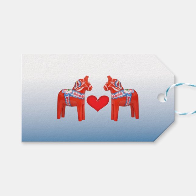 Étiquettes-cadeau Dala Cheval Twin Scandinave Folk Art avec coeur (Devant (Horizontal))