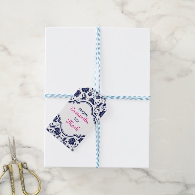 Étiquettes-cadeau Damas Florales Bleues Avec Arrière - plan Blanc (Avec de laficelle)