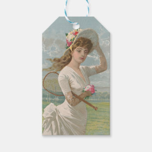 Étiquettes-cadeau Dame de tennis victorienne avec chapeau à fleurs A
