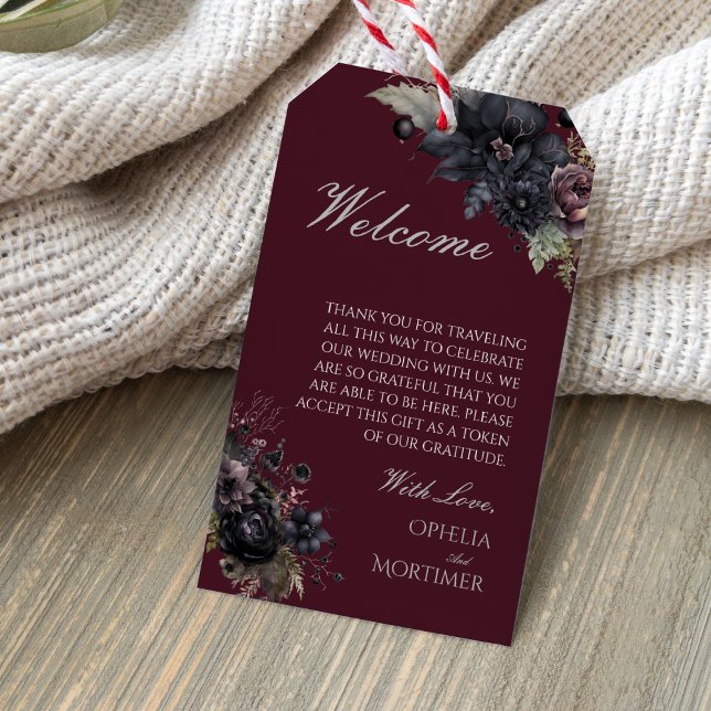 Étiquettes-cadeau Dark Gothic Floral Destination Mariage Bienvenue (Créateur téléchargé)