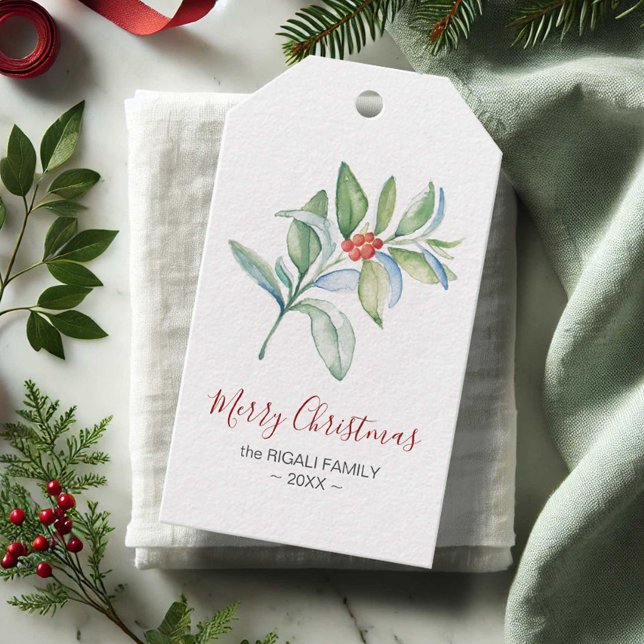 Étiquettes Cadeau de Noël Elégante aquarelle simpl (Christmas tags watercolor botanical greenery art by Victoria Grigaliunas of Do Tell A Belle)
