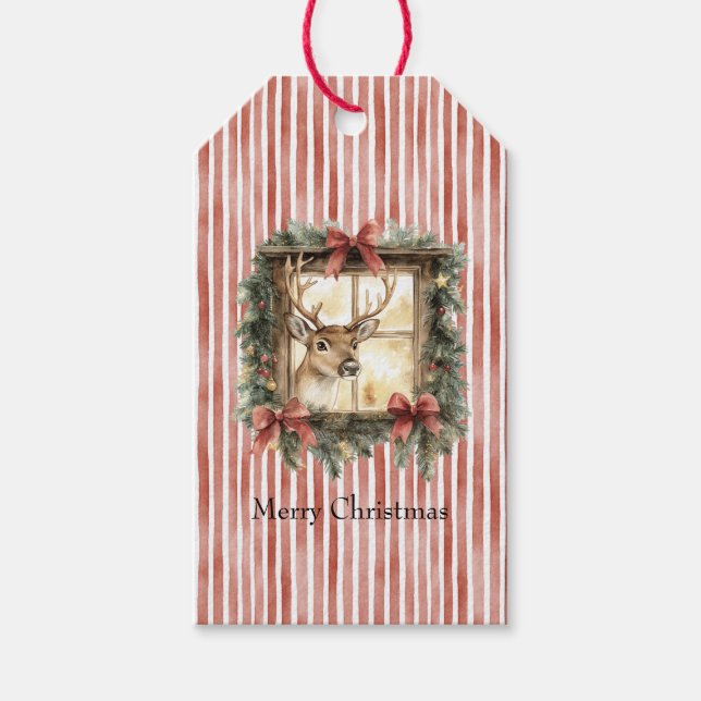 Étiquettes-cadeau Deer in Window Red Stripes Bows Christmas (Devant)