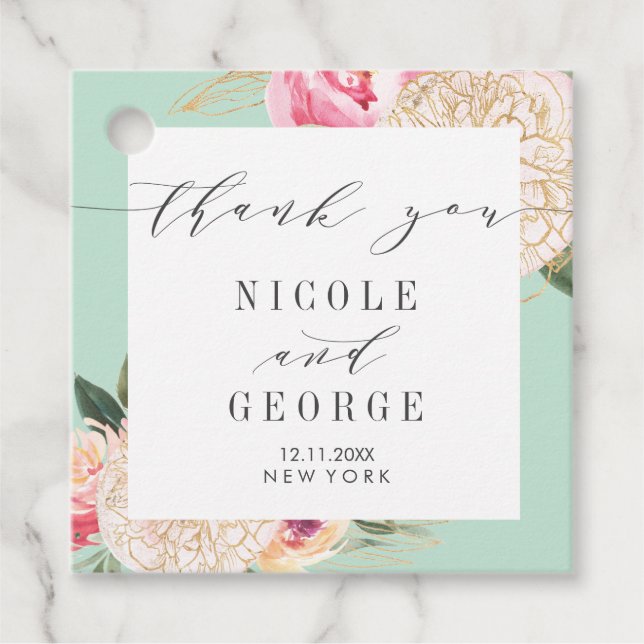 Étiquettes Cadeau Delicate Peony or fleur merci mariage (Devant)