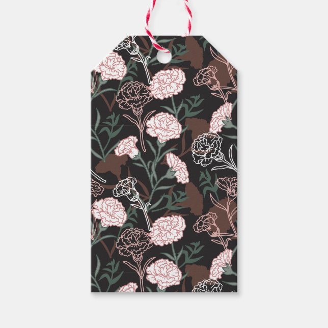 Étiquettes-cadeau Délicates oeillets roses avec fleurs Feuilles vert (Devant)