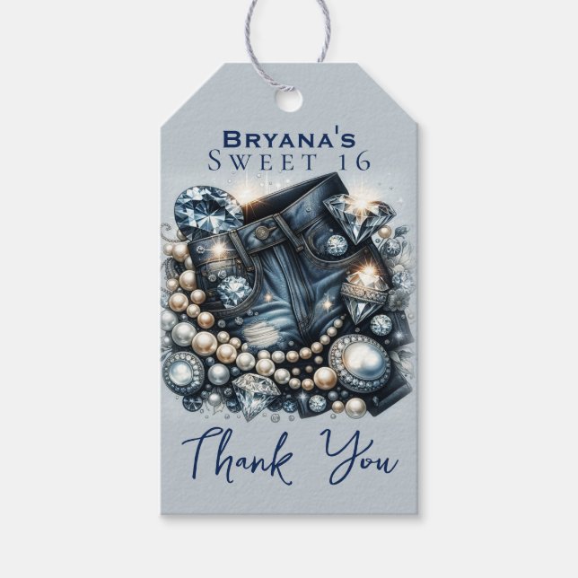 Étiquettes-cadeau Denim Diamonds & Perles Jeans Bling Anniversaire (Devant)