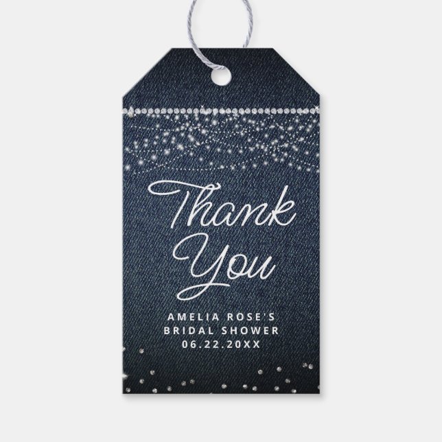 Étiquettes-cadeau Denim Diamonds Rustic Lights Script Merci (Devant)