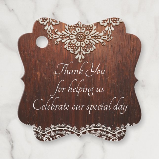 Étiquettes Cadeau Dentelle Blanche & Bois Rustique (Devant)