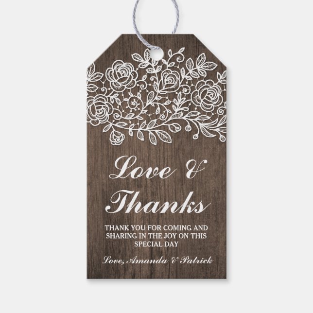 Étiquettes-cadeau Dentelle rustique et Merci Mariage en bois rustiqu (Devant)