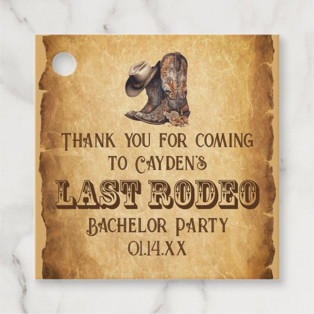 Étiquettes Cadeau Dernier Rodéo Cow-boy Grunge Marron Enterrement de (Devant)