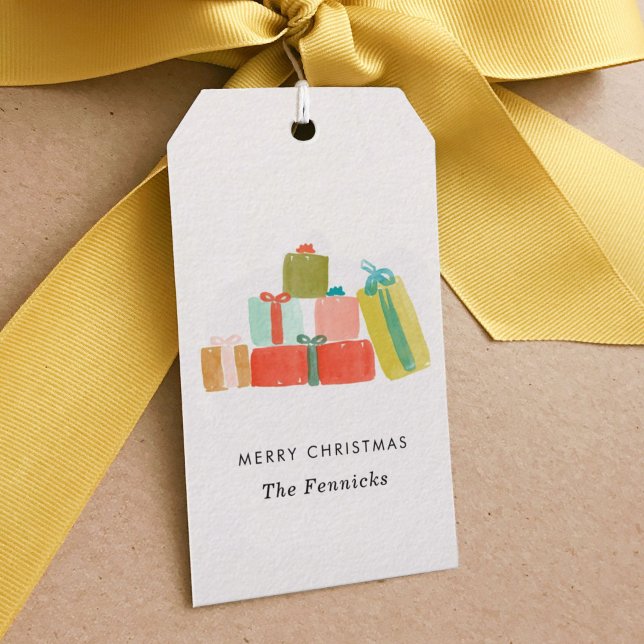 Étiquettes-cadeau Des cadeaux de Noël en aquarelle (Watercolor Christmas presents festive gift tags.)