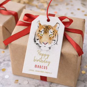 Étiquettes-cadeau Dessin aquarelle tête de tigre joyeux anniversaire