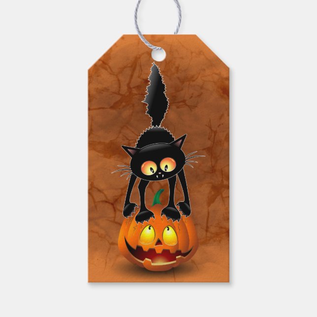 Étiquettes-cadeau Dessin d'Halloween au chat effrayé sur Citrouille (Devant)