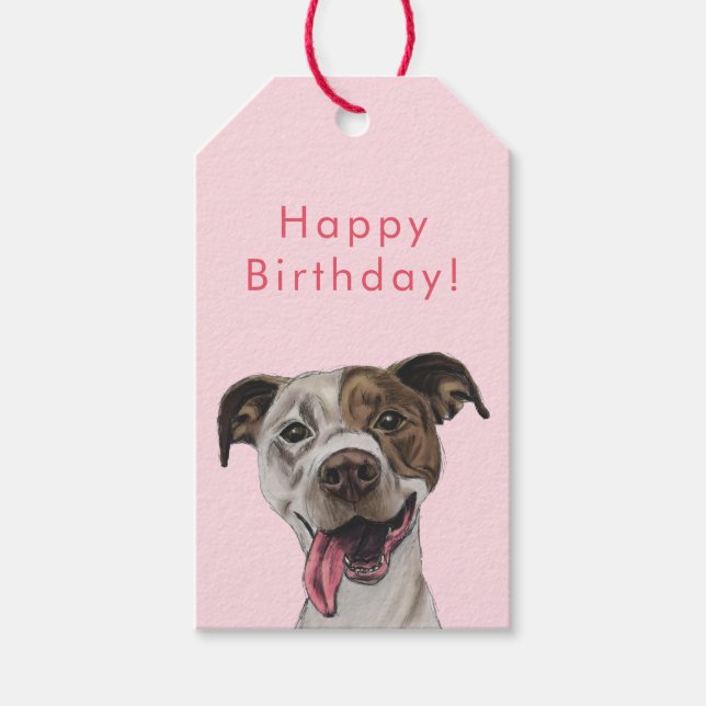 Étiquettes-cadeau Dessin Joyeux Pit Bull Dog | Joyeux anniversaire (Devant)