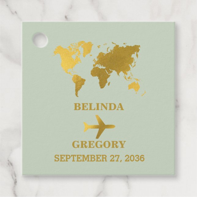 Étiquettes Cadeau Destination Mariage Monde Passport Sage Vert Or (Devant)